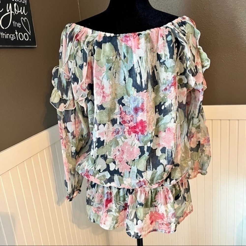 💚Sunny Leigh women’s sheer ruffle floral blouse - Picture 3 of 4